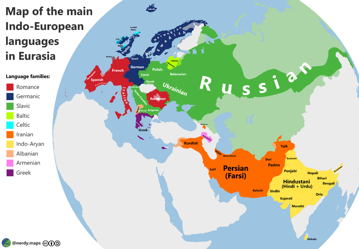Карта индоевропейских языков в Евразии