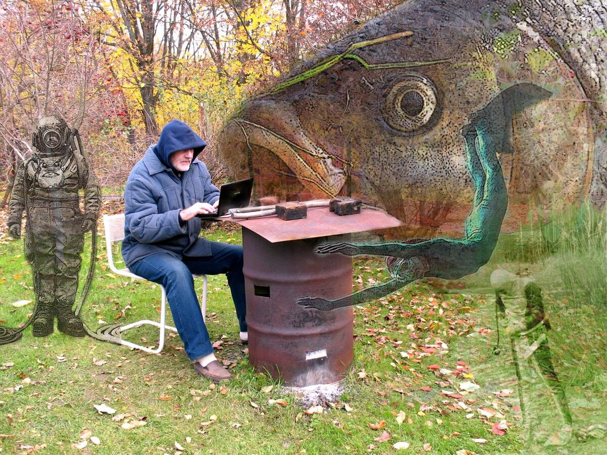 "Работаем в любых условиях". Справа-внизу на композиции автор в гидрокостюме "сухого типа".