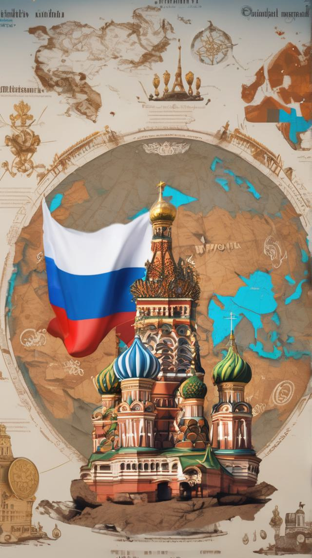 Русские культурные символы на фоне глобальной карты с выделением России. AI gen.