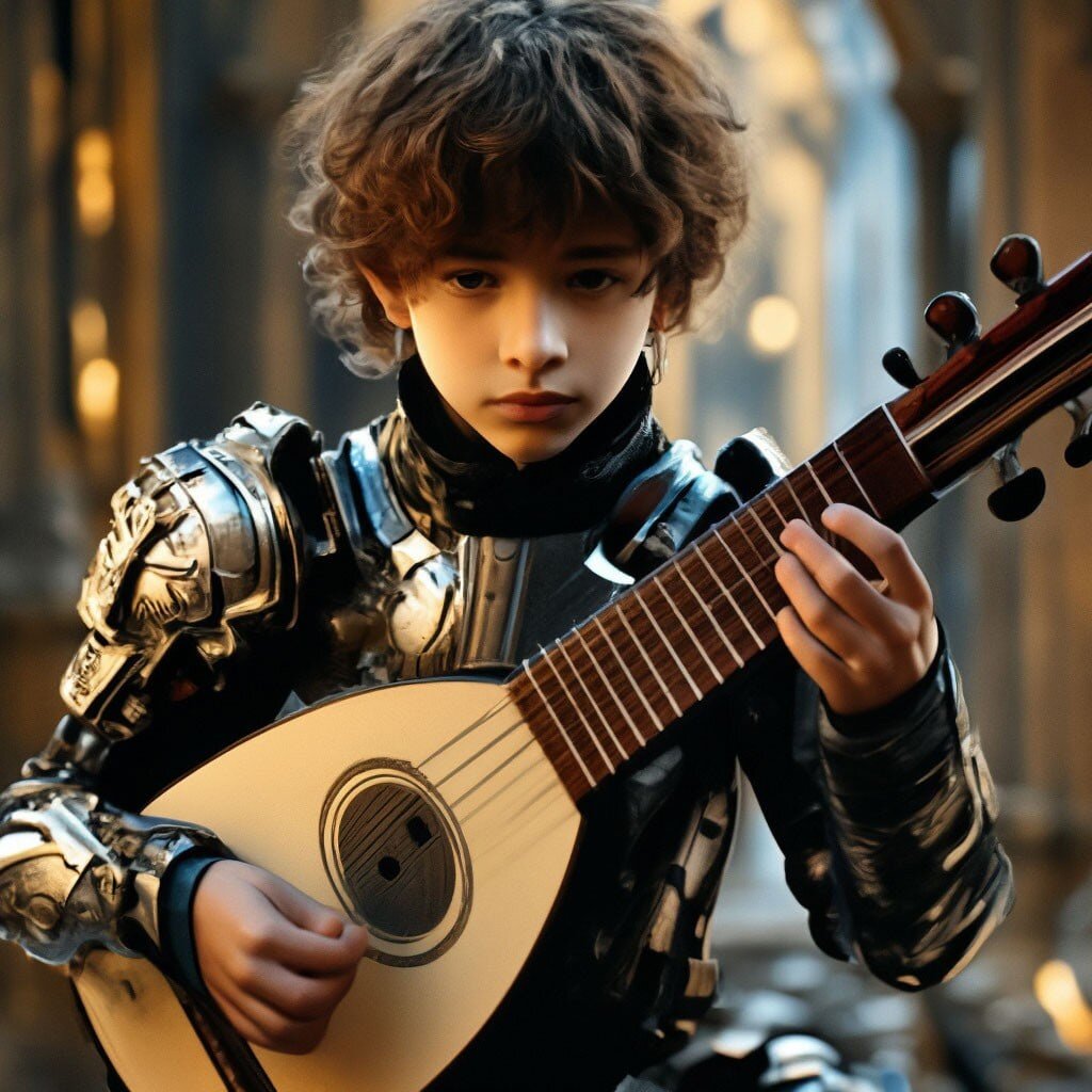 Вот лютня получилась чуть лучше, хотя струны перекозяввила, ну хоть мальчика не испортила.