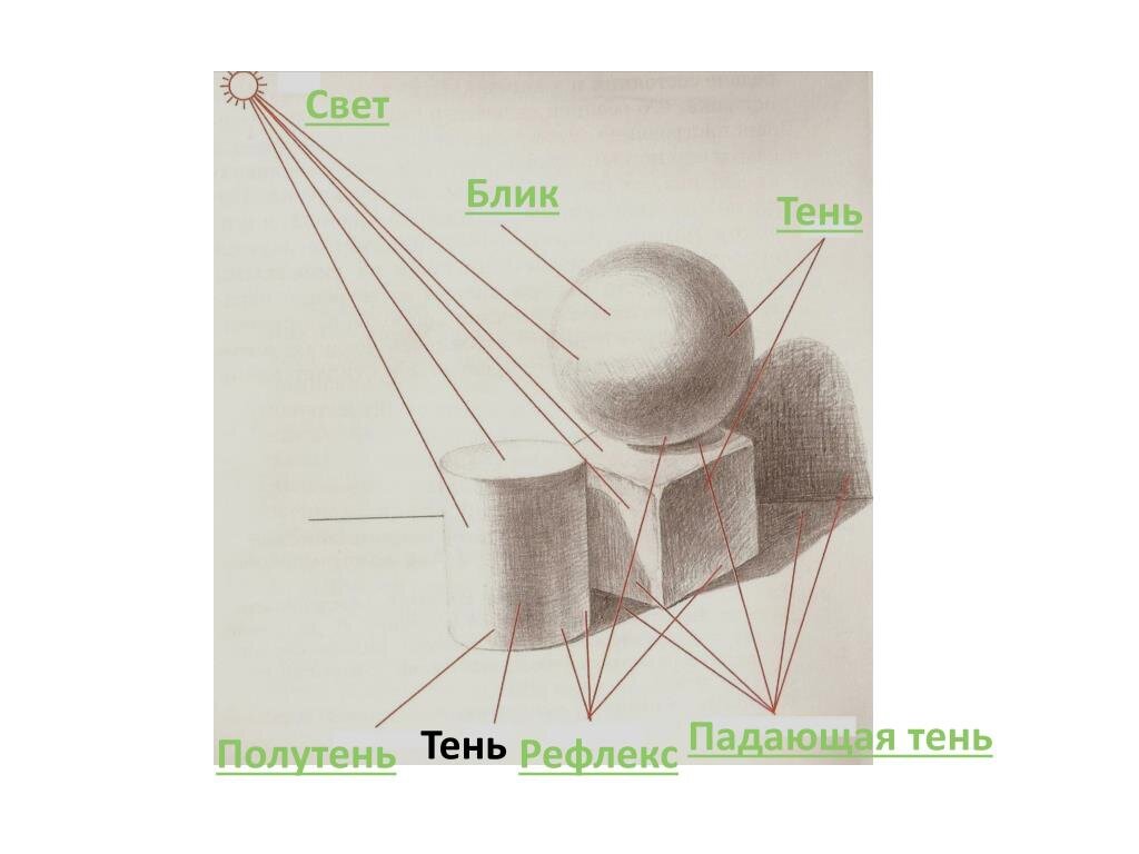 Как падает свет на рисунке. Свет полутень тень рефлекс блик Падающая тень. Шар блик свет полутень Собственная тень рефлекс Падающая тень. Свет тень полутень рефлекс блик в рисунке. Собственная и Падающая тень в рисунке.