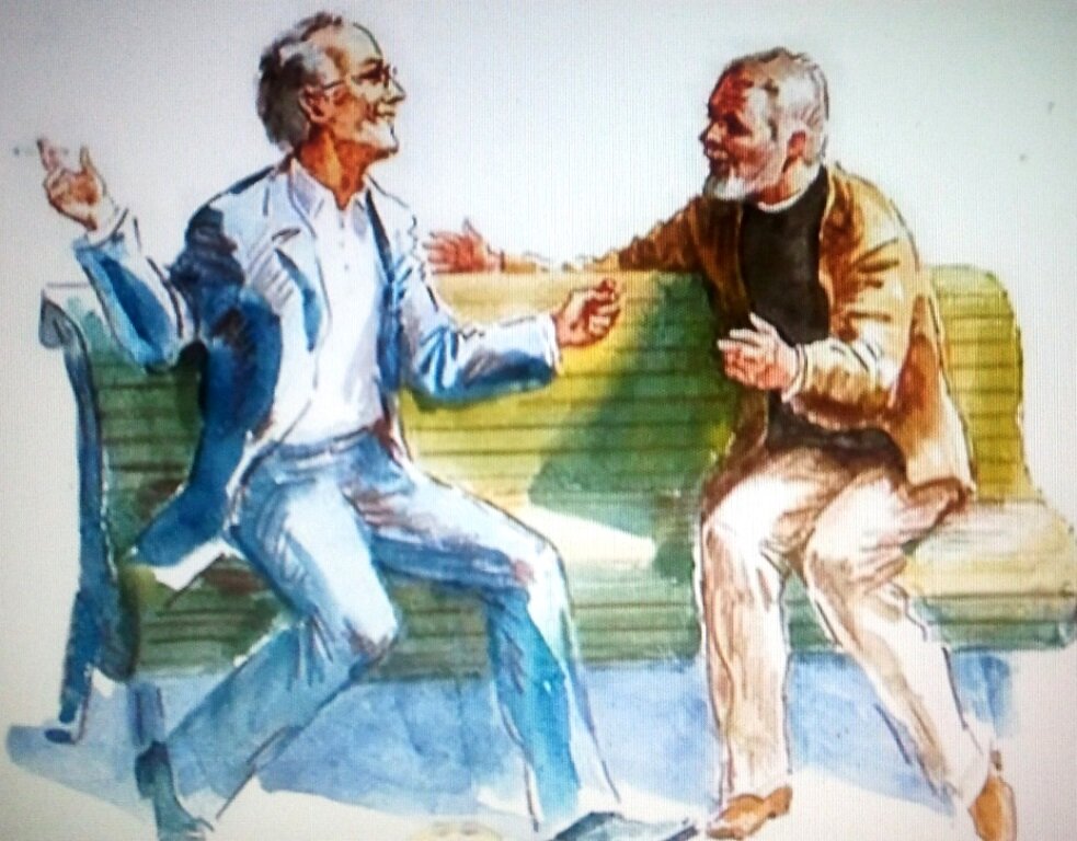 Двое старый друг. Два Деда на скамейке. Старики спорят. Беседа иллюстрация. Два старика на лавке.