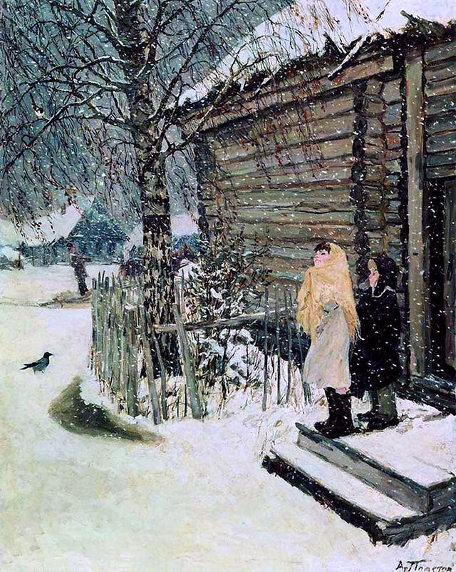 «Первый снег», 1946 год, холст, масло, 146 × 113 см., Тверская областная картинная галерея, Тверь. А.А.Пластов 