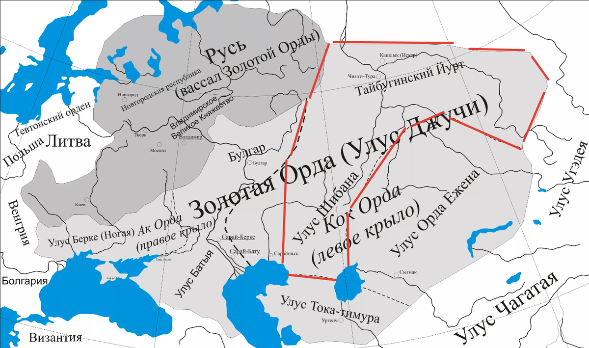 Сибирский юрт (улус) Шейбани красным, на севере правил его вассал (темник) Тайбуга