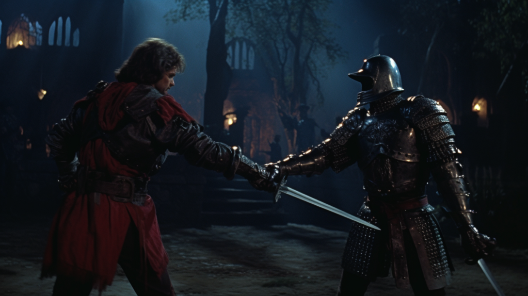 straight view, late at night, two medieval knights fighting one another, DVD screengrab from obscure bizarre 1986 sci - fi horror dark fantasy --ar 16:9 --v 5.2