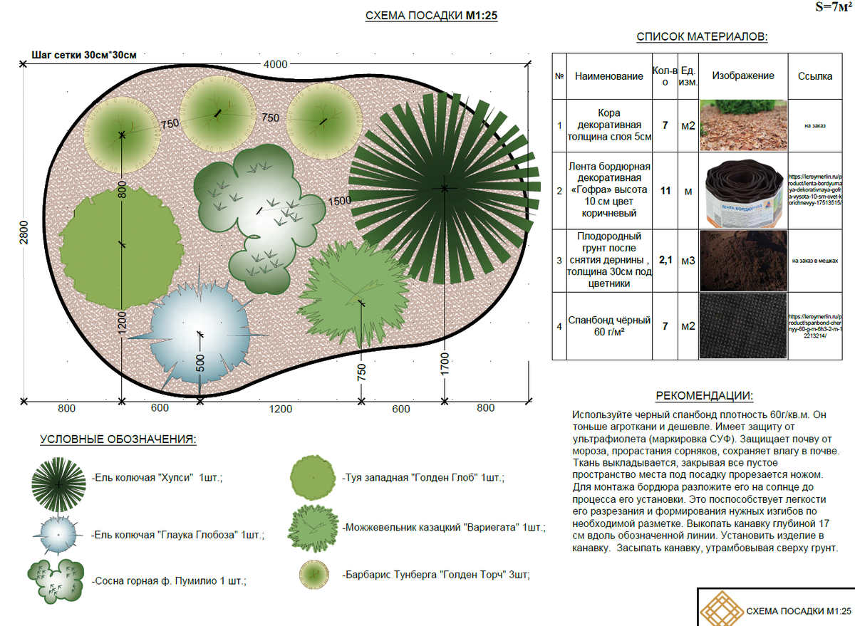 Схема хвойной клумбы
