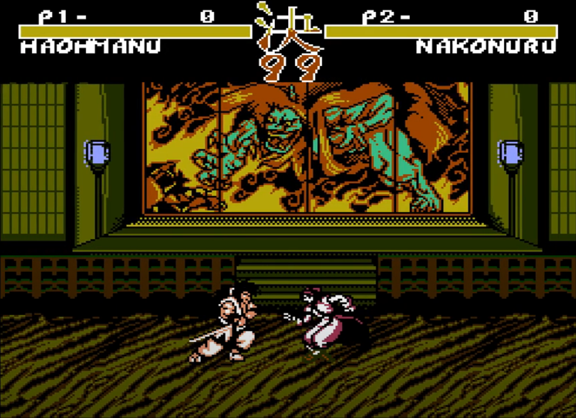 "Samurai Shodown II", вернее - функционально и сюжетно урезанный порт оригинальной игры с более мощной игровой системы. Мало того, что порт сам по себе кривой, мне достался ещё и глючный, где вместо заставок - забагованные, размазанные пиксели (да, сюжета там было не понять); ну, хотя бы персонажи и арены для боя отображались нормально.