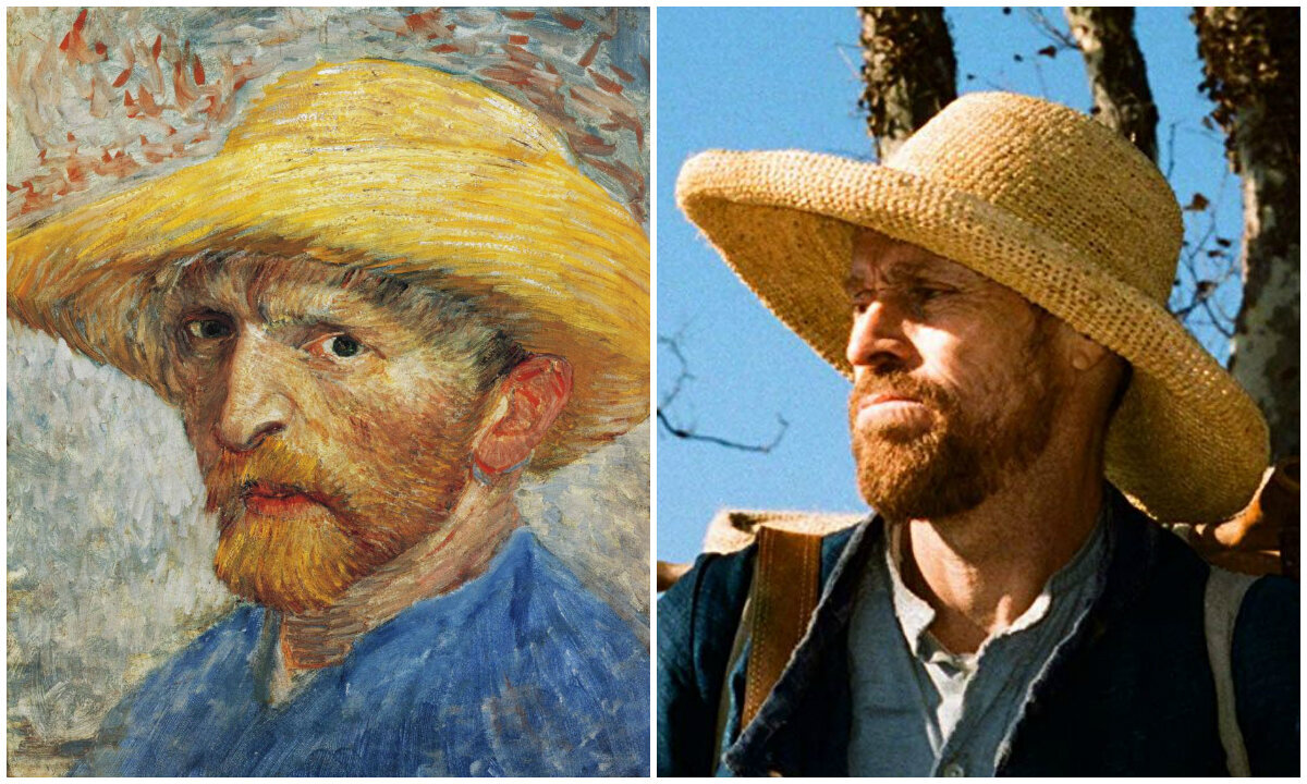Винсент Ван Гог. Автопортрет в соломенной шляпе. 1887 г. - слева; Уиллем Дефо в х/ф. "Ван Гог. На пороге вечности"