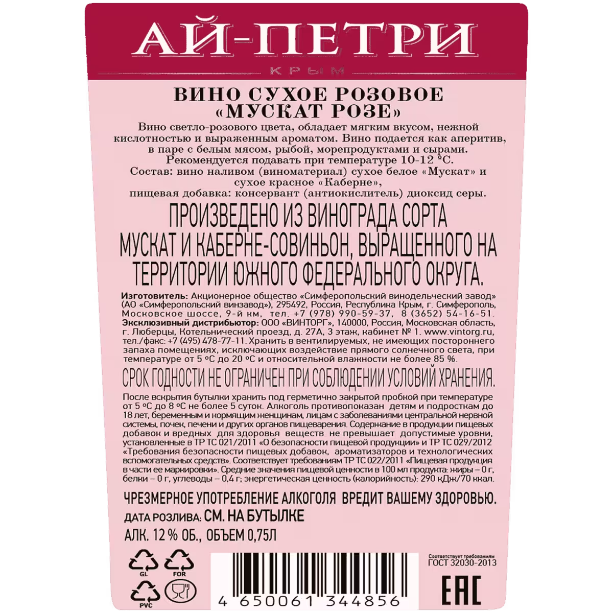 Этикетка. Сухое розовое вино Мускат Ай-Петри, Симферопольский винодельческий завод 