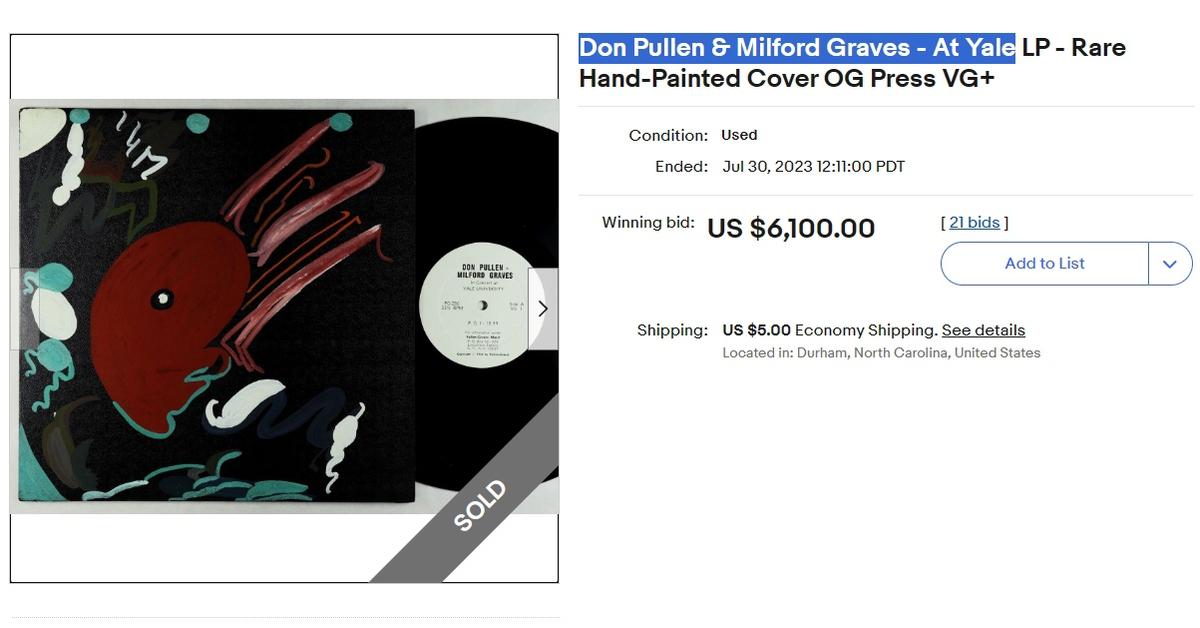 Пластинка Дона Пуллена - Милфорда Грейвза 'At Yale' с уникальной, нарисованной от руки обложкой