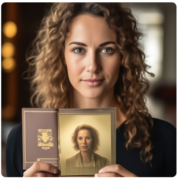 Примерно такое нужно фото (это мне нарисовала нейросеть). Не важно, как вы выглядите. Важно, чтобы было видно лицо на фото и на паспорте. 