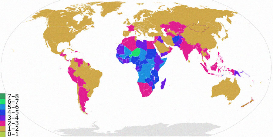 Карта мира по среднему количеству детей, рождённых одной женщиной в течение жизни