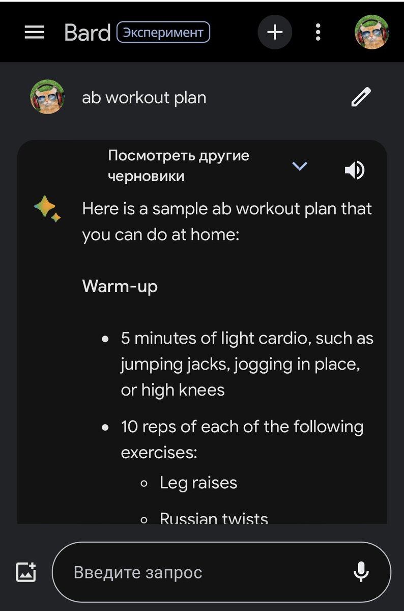Например тут я запросил план тренировки мышц пресса.