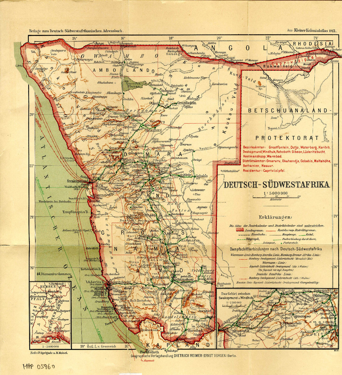 Карта Германской Юго-Западной Африки 1913 года. Выступ справа наверху - полоса Каприви