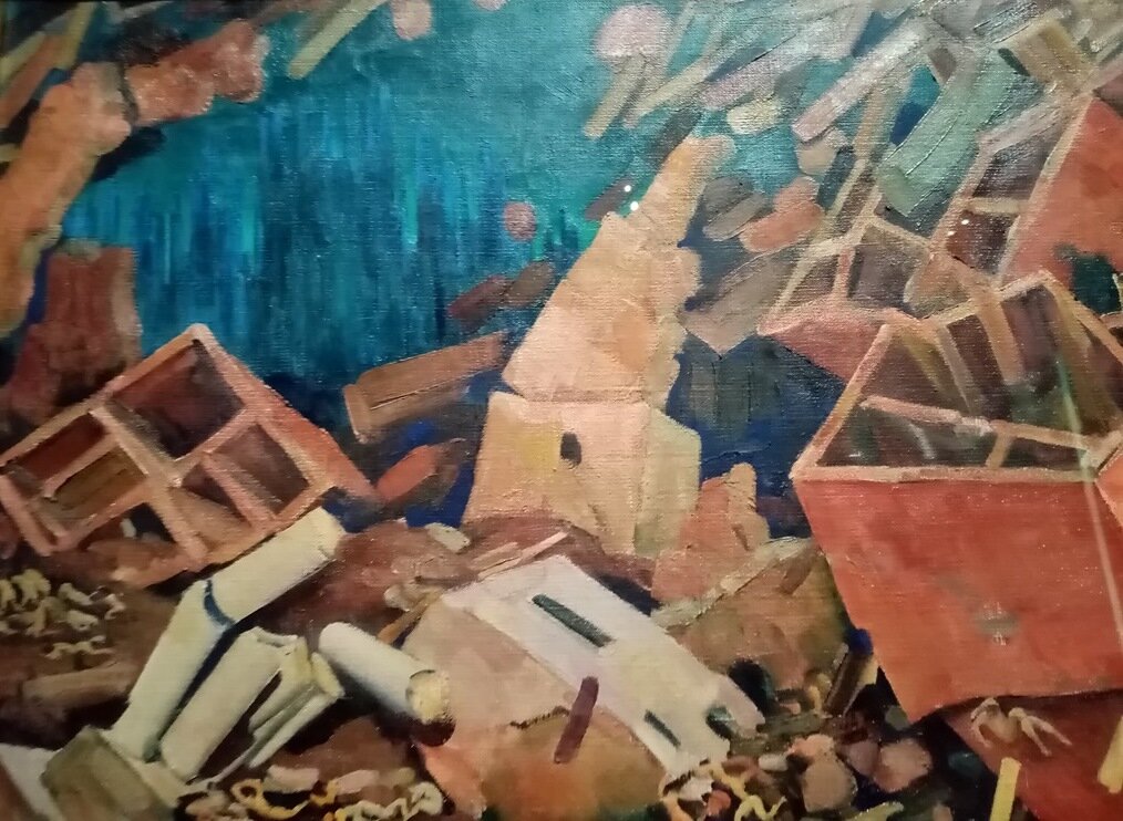 Фрагмент картины Константина Юона "Симфония действия" (1922). С выставки в СПБ в 2022 году, фото моё. Оригинал в Новосибирском художественном музее.