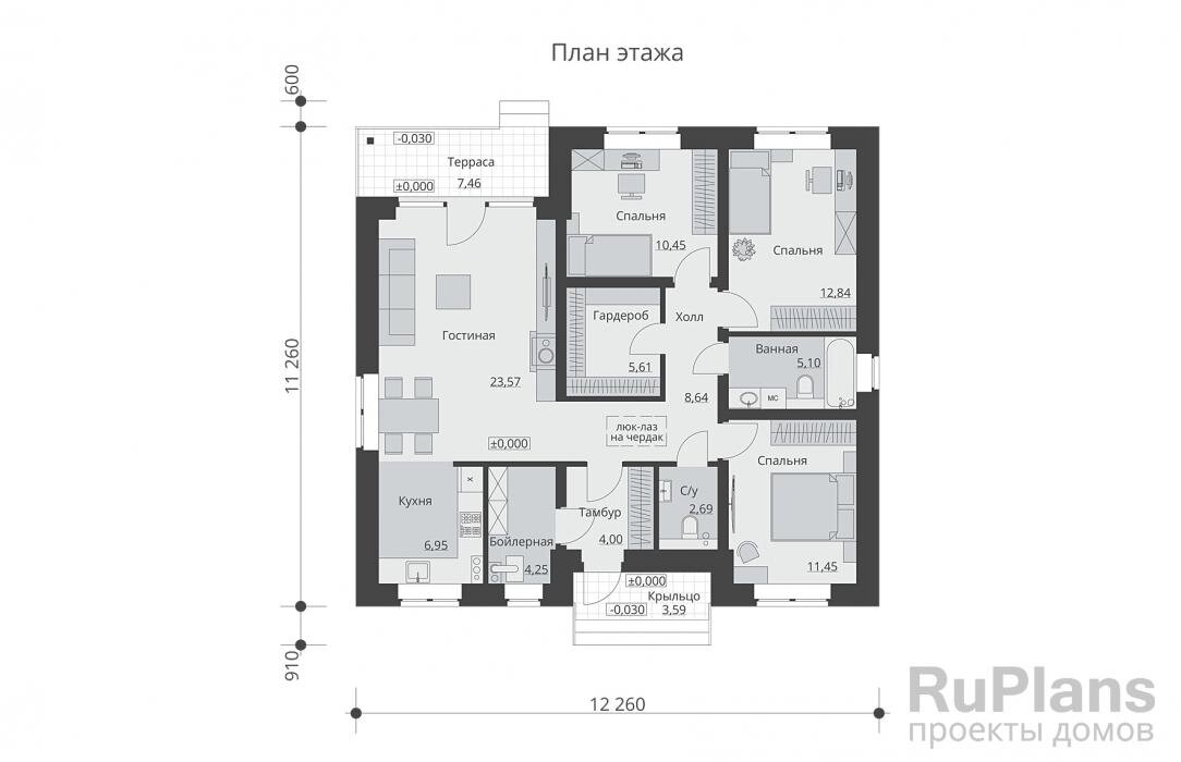 Одноэтажный дом с тремя спальнями, камином и террасой с размерами здания 11,26 х 12,26 м. Фундамент – монолитная ж/б стена в грунте (щелевой). Наружные стены – пустотелый кирпич, газобетонные блоки с вентилируемым воздушным зазором и отделкой облицовочным кирпичом. Внутренние стены – газобетонные блоки. Перегородки – пустотелый кирпич. Пол этажа - монолитная ж/б плита. Чердачное перекрытие - деревянные балки с теплошумоизоляцией в межбалочном пространстве. Крыша четырехскатная. Кровля – металлочерепица. Окна — металлопластиковые. После оплаты проект предоставляется в двух экземплярах в формате А3.
Второй бумажный экземпляр проекта в формате А3 предоставляется — бесплатно.
Доставка курьером - бесплатно.
