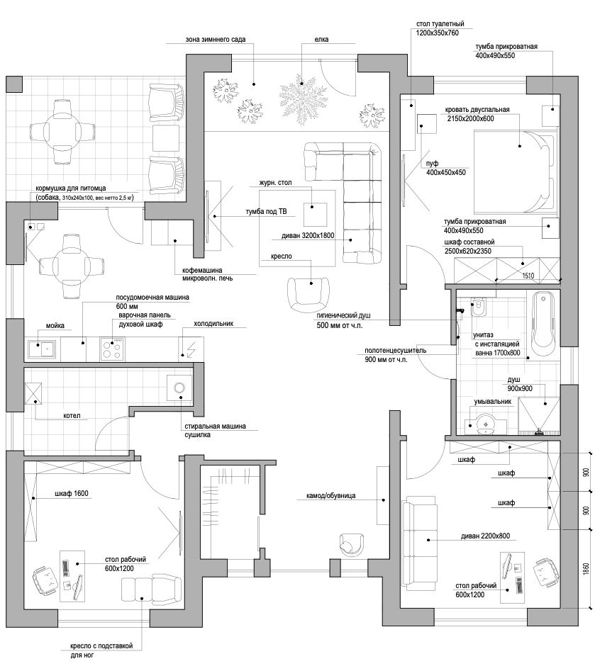 Вот такой черновой план расстановки мебели получили от дизайнера