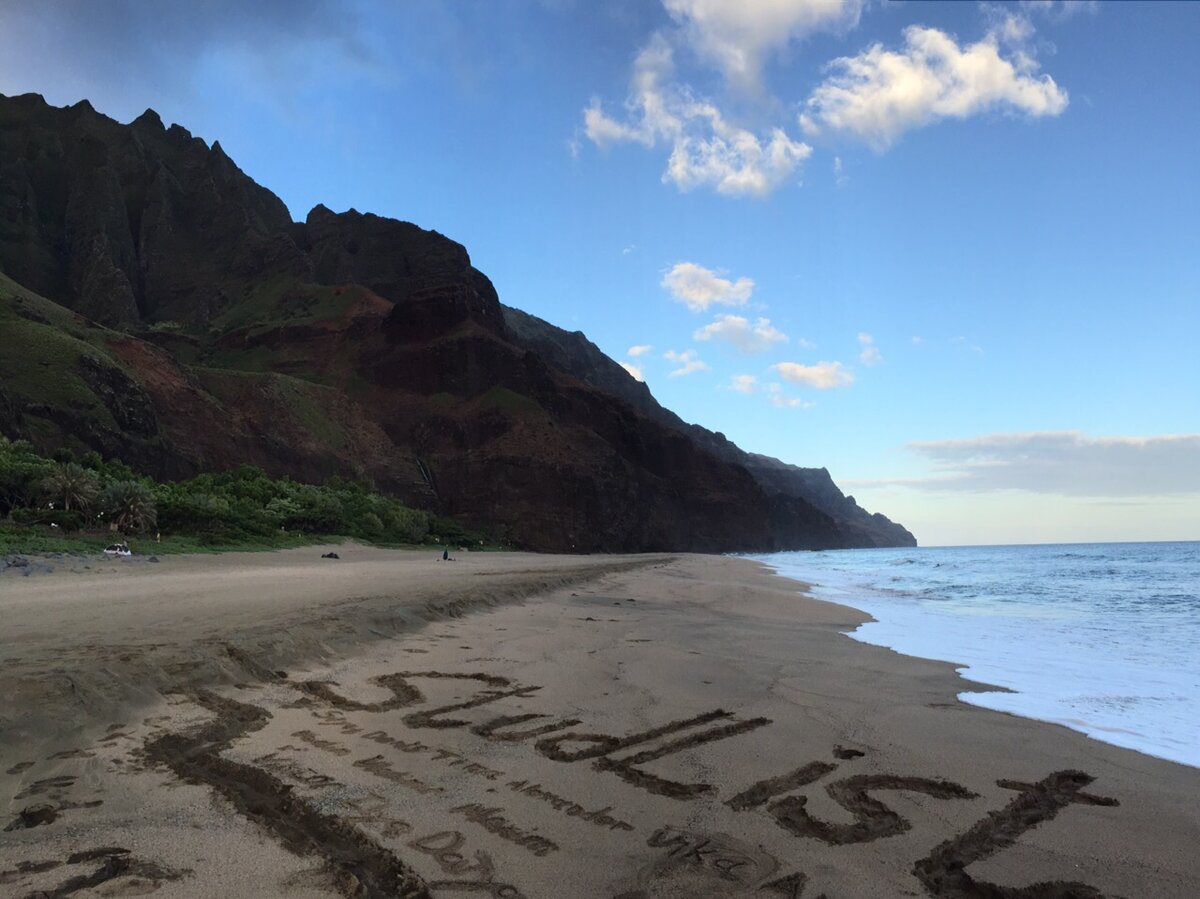 (On the photo there is a name of our startup StudList, along with the team members' names. This is at Ngapali Coast National Park Beach on the island of Kauai, Hawaii)