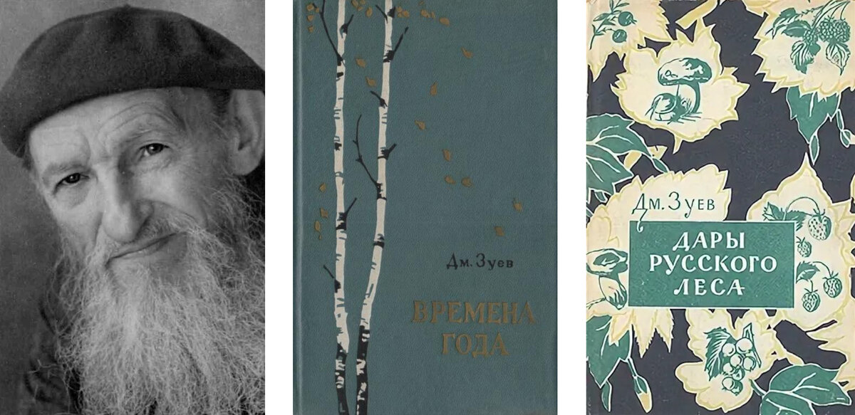 Натуралист Д. П. Зуев и обложки его книг "Времена года" и "Дары русского леса".