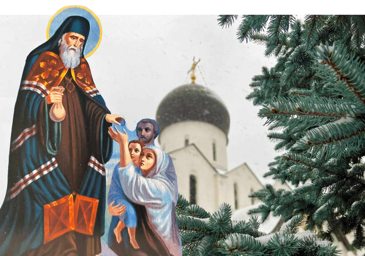 Коллаж: святой Иоанн Милостивый, Покровский храм Марфо-Мариинской обители