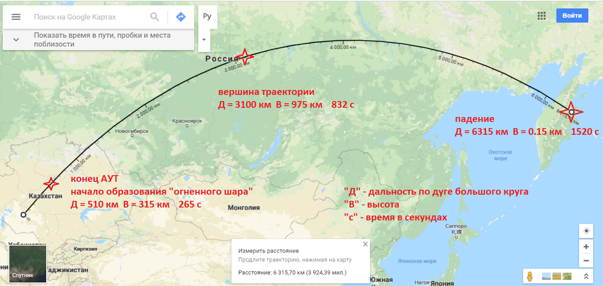 Фото 1. Расчет траектории межконтинентальной баллистической ракеты Р-7, запущенной с полигона Байконур (в 1959 году он назывался "Торетам") на полигон Кура на Камчатке. Во время пролета ракеты над Свердловской областью происходило отделение ступени ракеты. Два запуска такой ракеты (удачных) были произведены 17 февраля и 31 марта 1959 года, и именно эти ракеты (с отделением ступени) наблюдали жители Ивдельского района в эти дни как некое "необычное небесное явление" и "огненные шары".