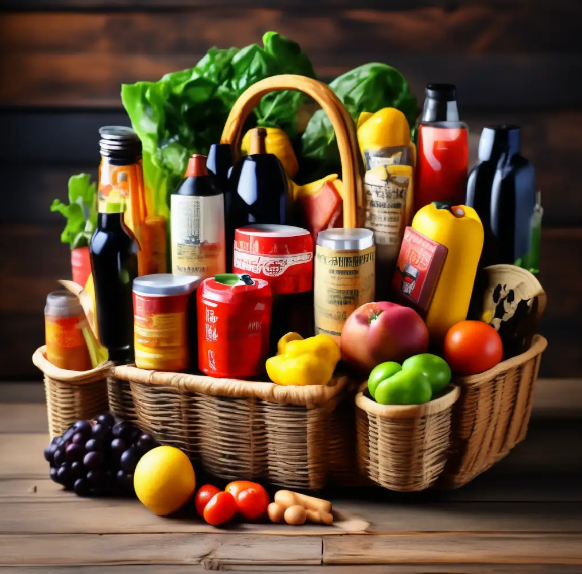 Продуктовая корзина на месяц. Ничего путного в ней нет только для картинки. Так Шедеврум ее видит. 