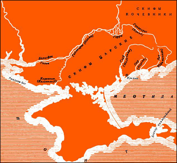 Ареал кочеваний царских скифов по Б.А. Рыбакову