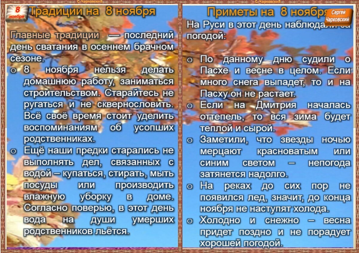 8 ноября - Приметы, обычаи и ритуалы, традиции и поверья дня. Все праздники  дня во всех календарях. | Сергей Чарковский Все праздники | Дзен