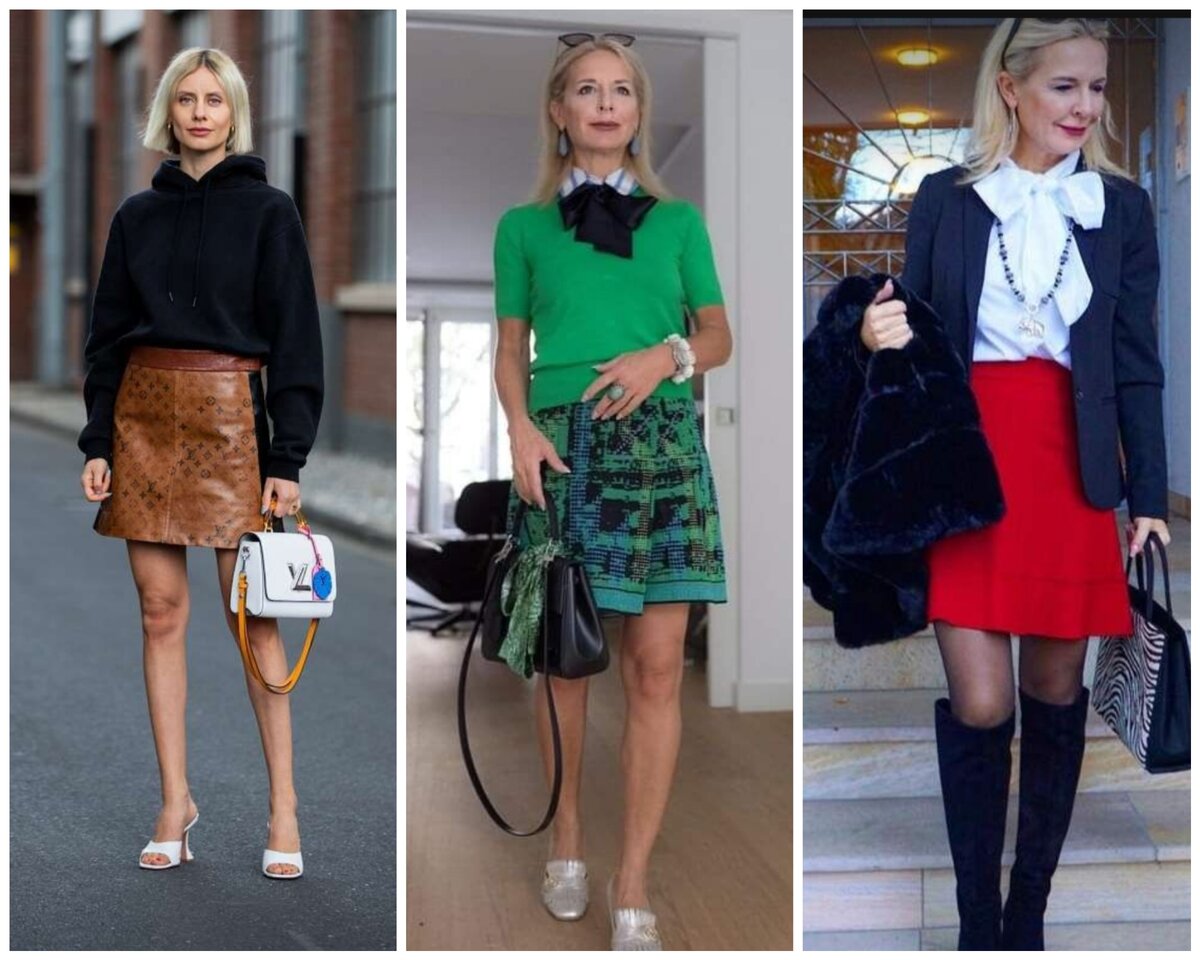 Юбки мини в сочетании с однотонным ярким и неярким верхом.