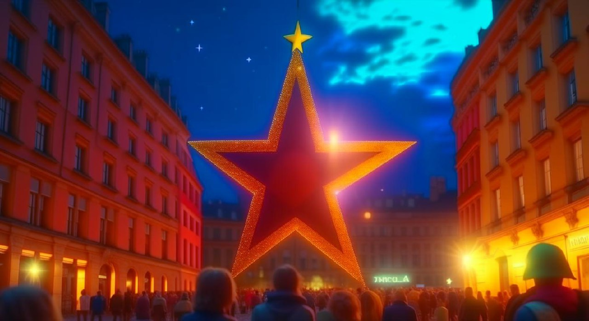 Не думаю, что так было, но Кандинскому виднее. Результат генерации по запросу "Звездоносец принёс людям звезду с неба и держит её высоко подняв руку на центральной площади города освещая всё вокруг лучами звезды", стиль: 4k