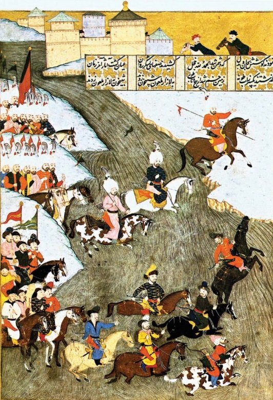 Мухаммед Герай II переправляется с крымскими и османскими войсками через Дунай в 1566 г. Миниатюра «Сулейман-наме» Локмана ал-Ашури (1579 г.) использована realnoevremya.ru иллюстрация из книги «История крымских татар» 