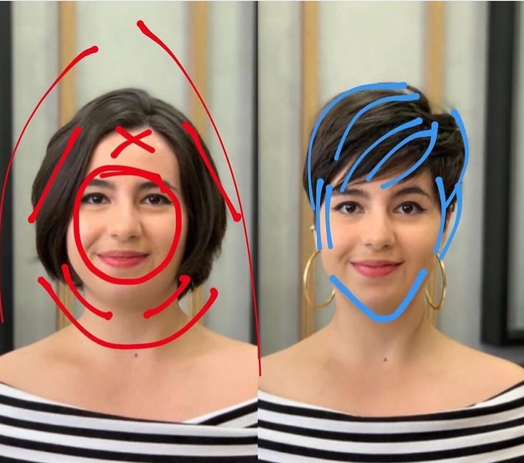 Согласитесь, что специалист сразу определил правильно ситуацию и проблему. Первоначальная причёска превращала форму лица в "грушу", увеличивая объём в районе щёк. Визажист верно нашла точку отправления и сделала её самой низкой. Таким образом визуально лицо вытянулось и его овал приобрёл желаемые пропорции. 