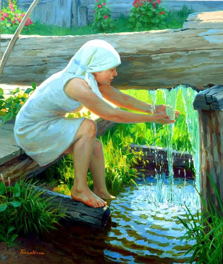 федот васильевич сычков 1887. женщина с коромыслом и ведрами. бабушки на лавочке в деревне. бабка с гармонью. платок на голову для бабушки.