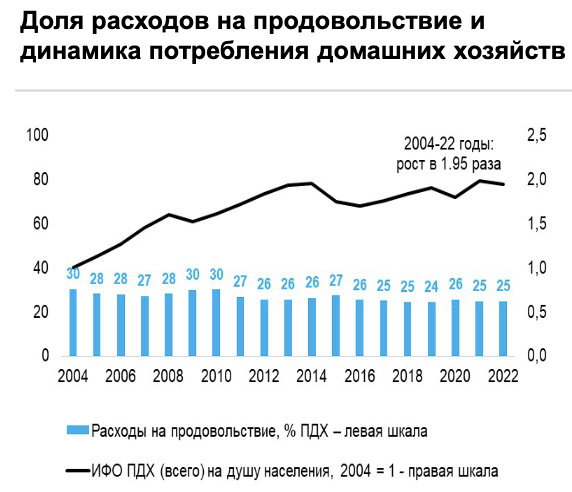 В РАН считают, что россияне стали с 2004 года потреблять суммарно в 2 раза больше, но почему-то доля расходов на еду при этом не снижается с 2012 года.
