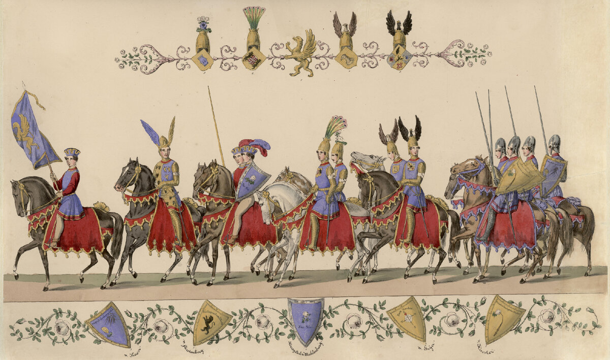 Лист из альбома «Описание праздника «Волшебство Белой розы», данного в Потсдаме 13 июля 1829 г. ко дню рождения ее величества императрицы России». И.Штюрмер, Т. Хоземанн. Берлин, 1829 г.