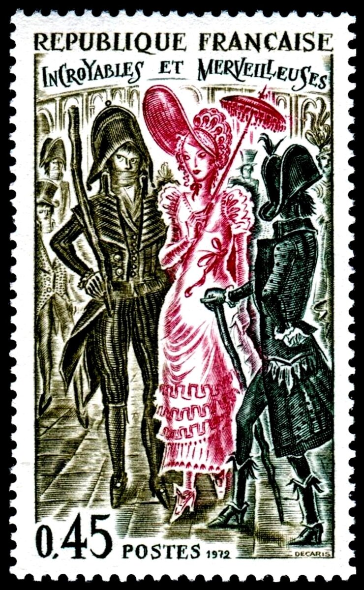 Из серии «История Франции». Incroyables et Merveilleuses («Невероятные» и «великолепные»). // Франция, 10 июля 1972 г. Каталог Michel: №1809 