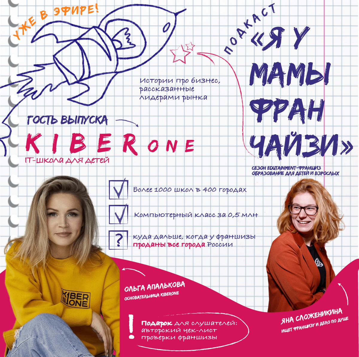 Яна Сложеникина, ведущая подкаста "Я У МАМЫ ФРАНЧАЙЗИ" и гость выпуска ОЛЬГА АПАЛЬКОВА, основательница KIBERone