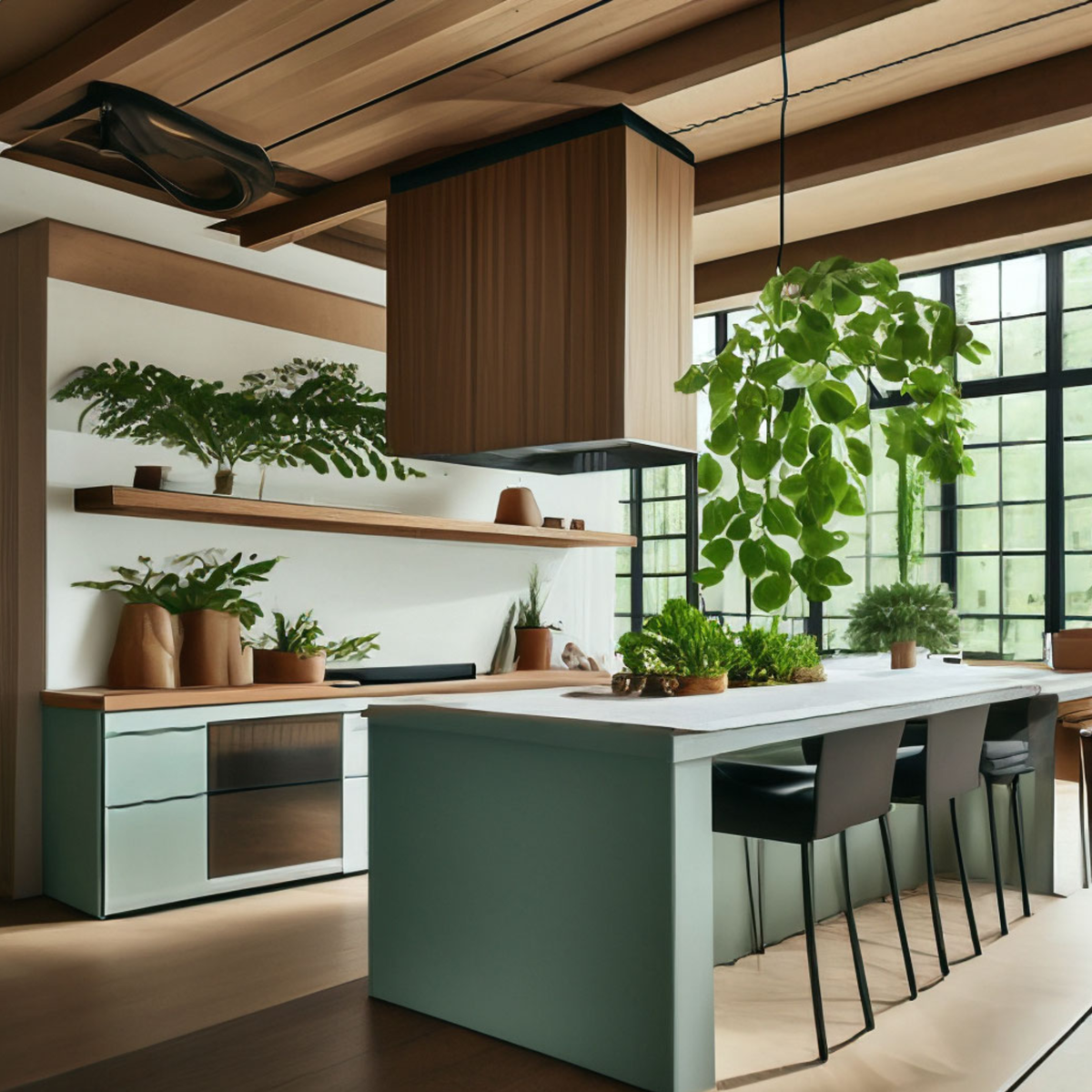 фото подвесной кухонной вытяжки в интерьере