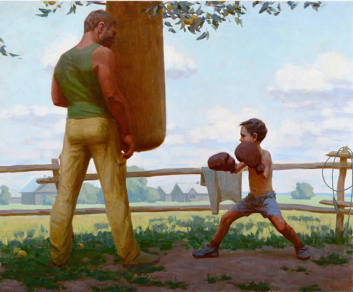 Boys training. Мальчик живопись. Картина мальчик. Бокс в живописи. Папа и сын живопись.