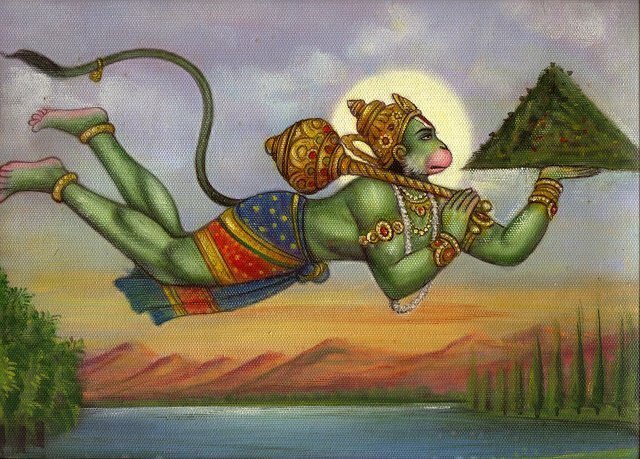 Хануман переносит на Шри-Ланку гору с лечебной травой. Изображение: vedicfeed.com