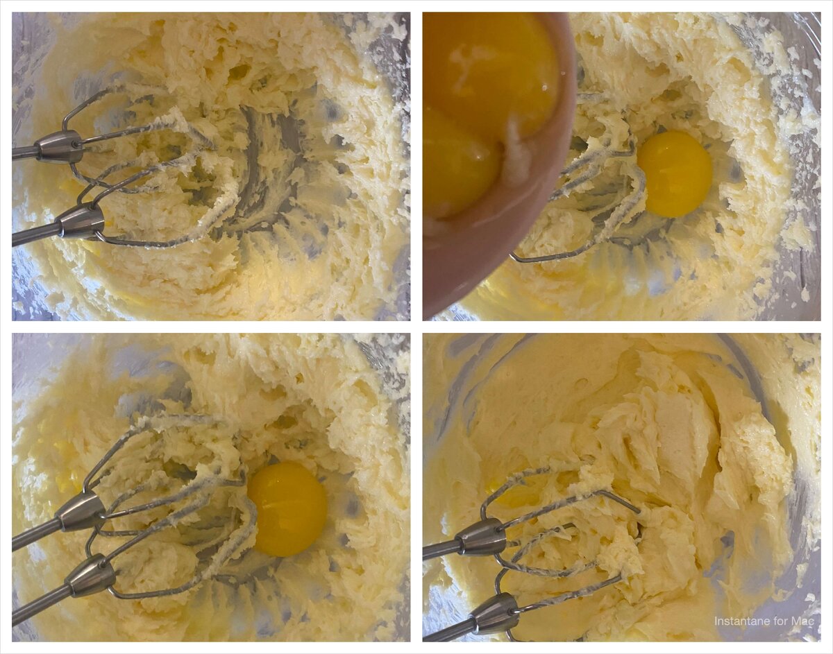 Размягченное сливочное масло (63 грамма) растереть с сахарной пудрой (53 грамма) до однородности. Добавить желтки (50 грамм) по одному и взбить до кремовой консистенции.