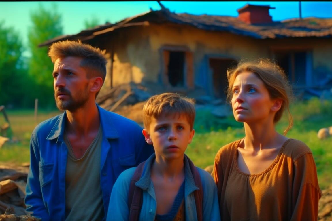 Семья в заброшенной деревне. Нейросеть Kandixnky 2.2.