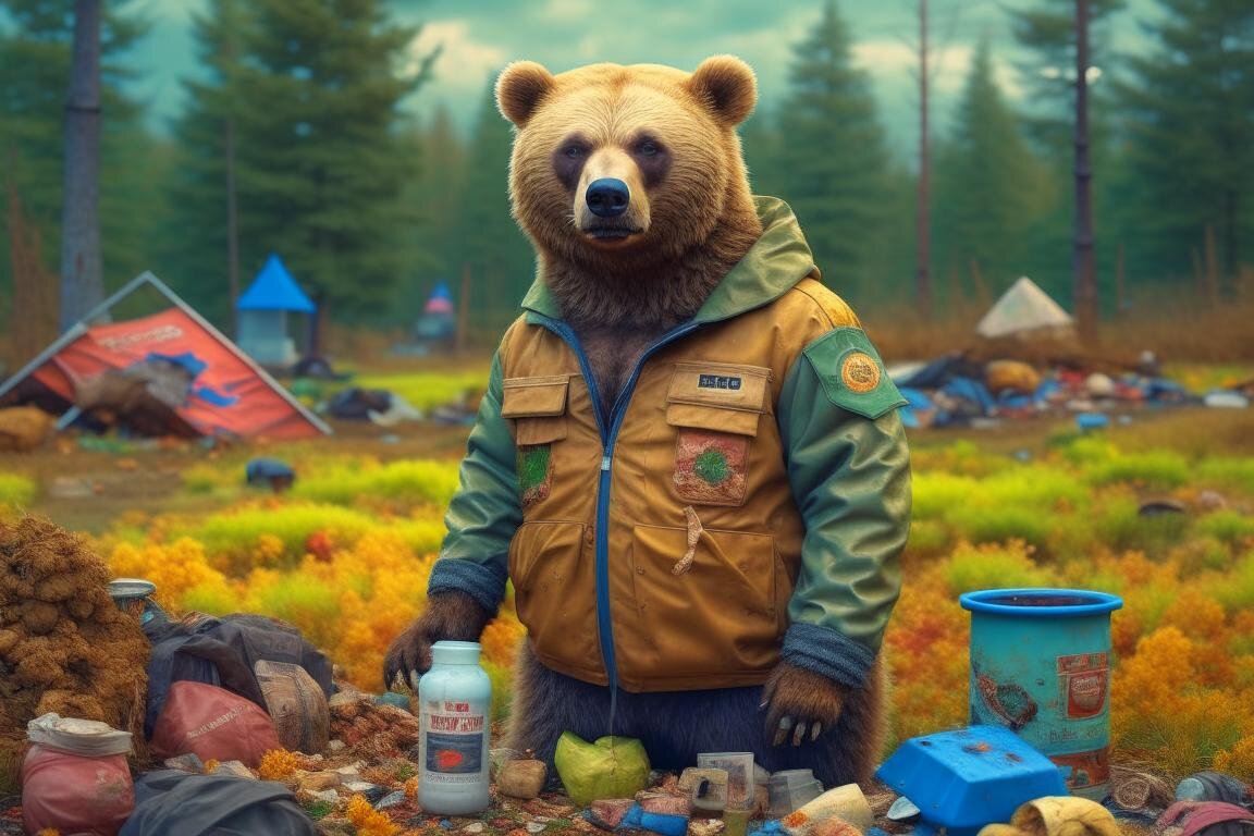 Медведь на замусоренной опушке леса. Нейросеть Kandinsky 2.2.