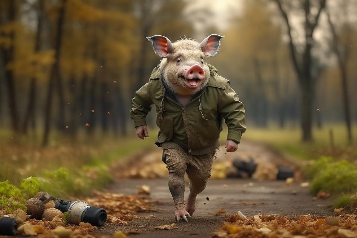 Хрюндель убегает от медведя. Нейросеть Kandinsky 2.2.