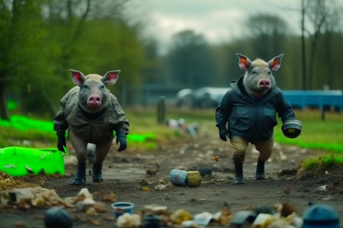 Хрюшки напряглись, когда пришел медведь. Нейросеть Kandinsky 2.2.