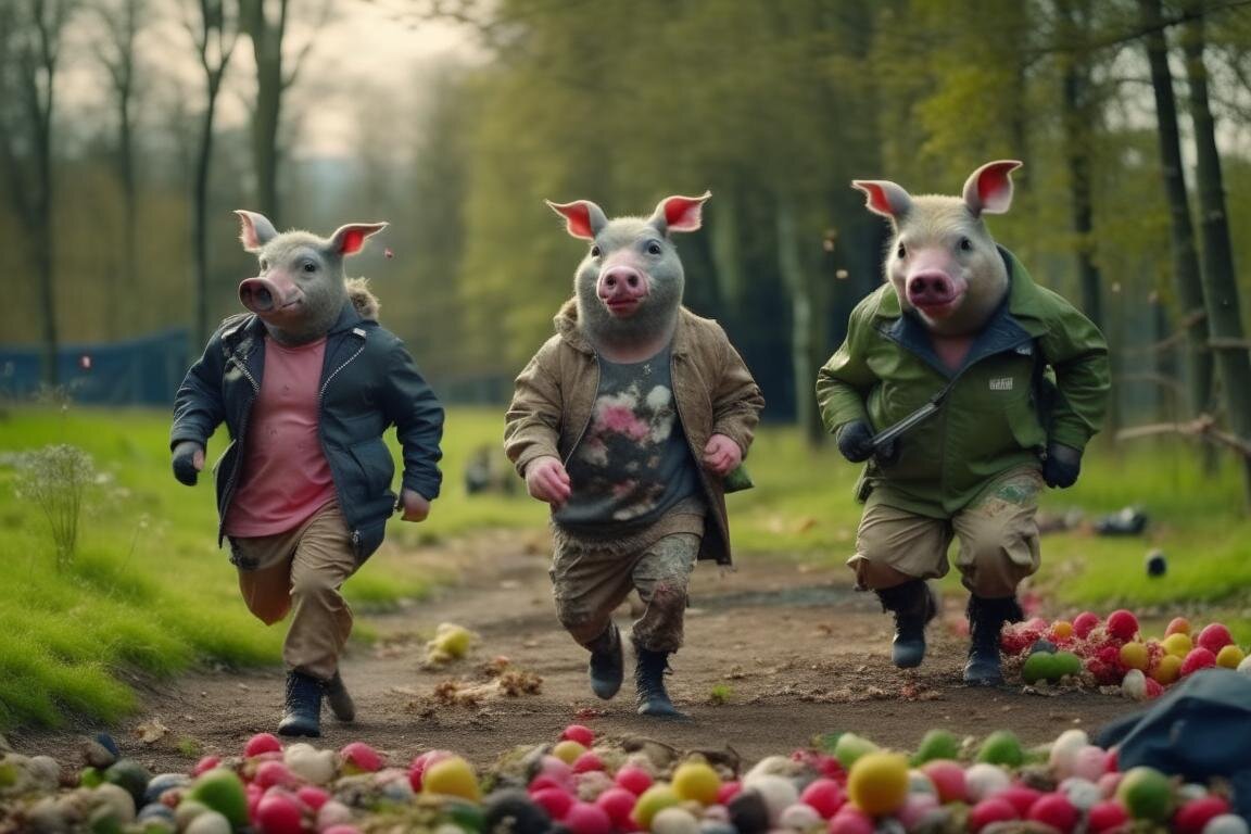 Хрюшки убегают со своей замусоренной опушки. Нейросеть Kandinsky 2.2.