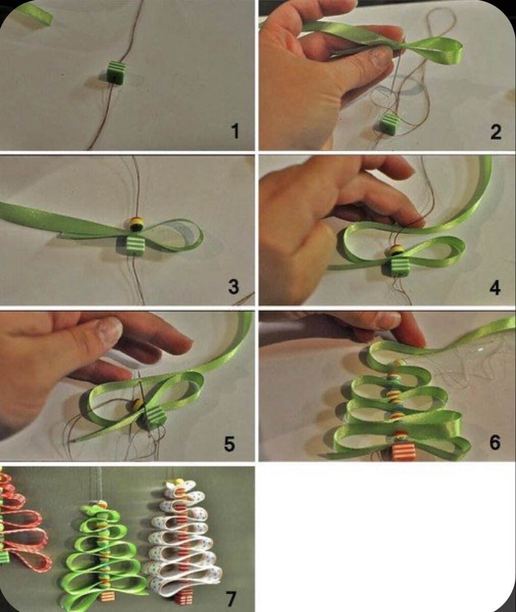 Новогодние своими руками пошагово. Елочная игрушка елочка из ленточки. Елочка из ленточек своими руками. Поделки Новогодняя елка из ленточек. Украшения на елку из лент.