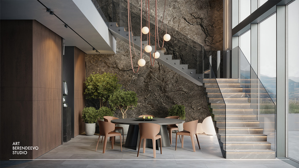 Оформление гостиной с помощью скалы из архитектурного бетона | ART BERENDEEVO STUDIO 