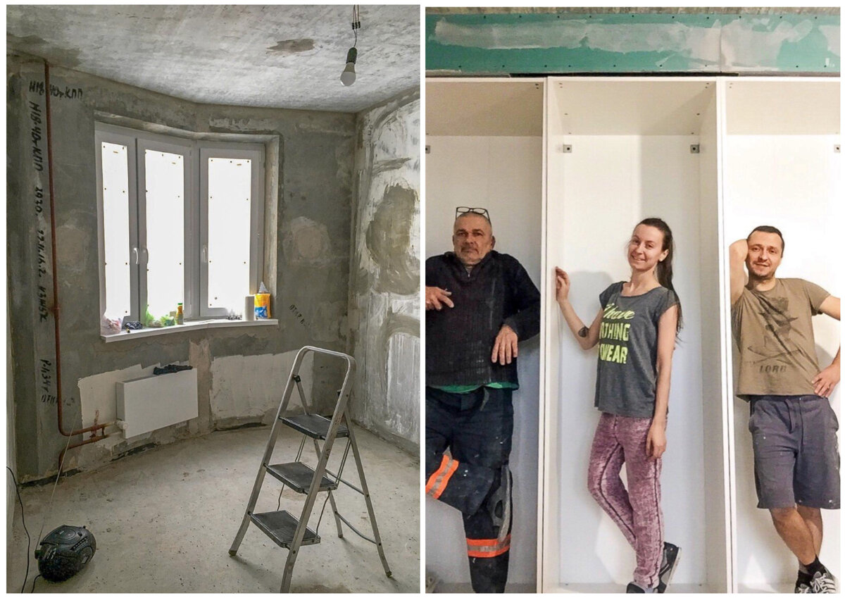 Слева — будущая кухня до ремонта. Справа — боевая команда в лице Ольги, ее супруга и папы