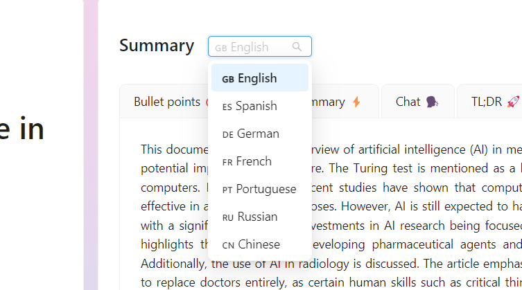 Доступные языки в Anysummary.app  